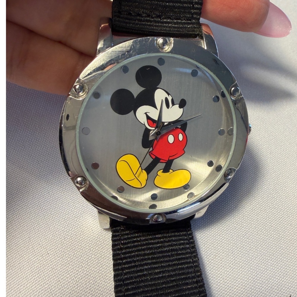 Disney Mickey Mouse Watch Accutime Black Nylon Strap Silver Tone Case